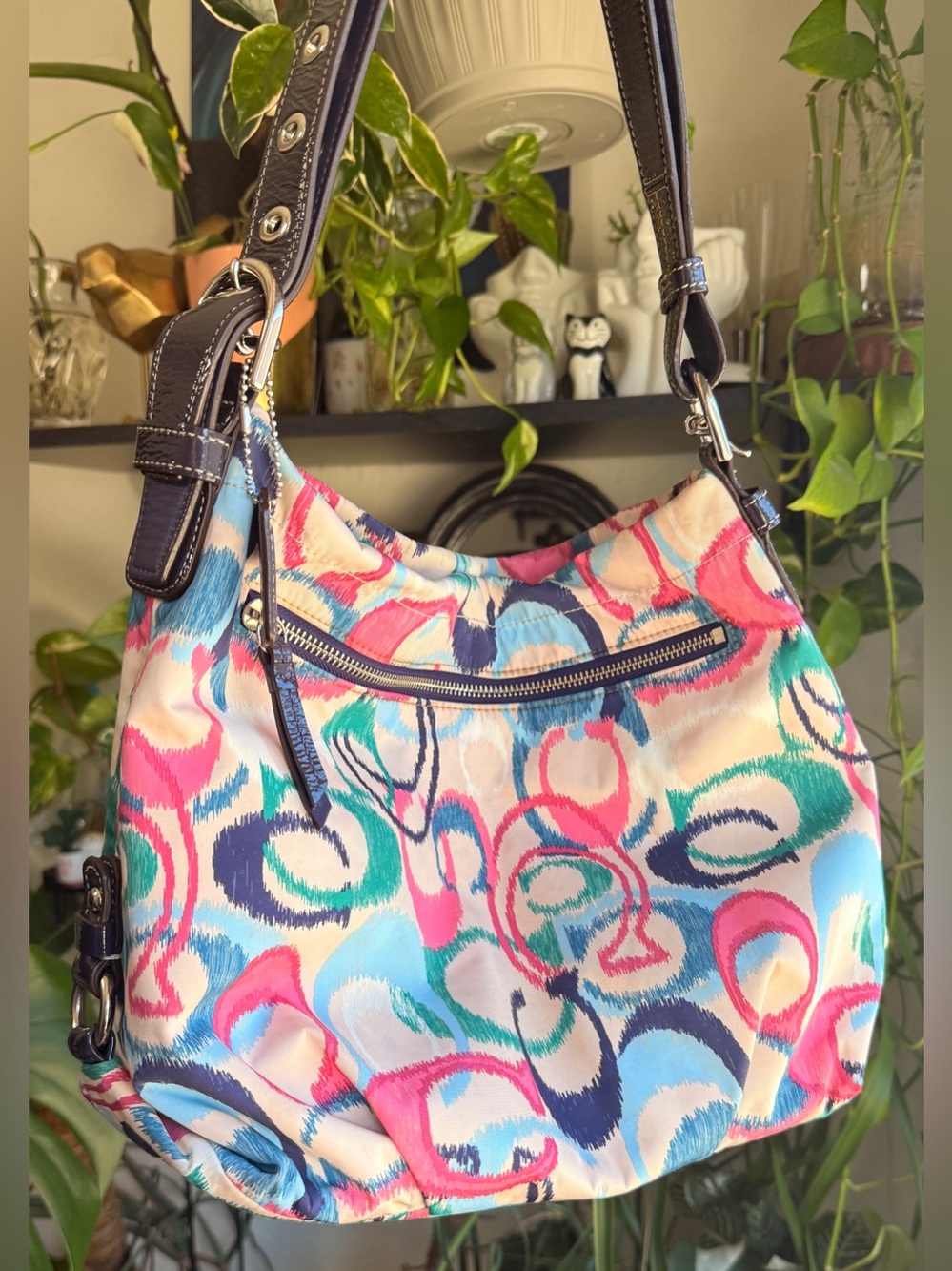 Coach F24941 Shoulder/Crossbody Purse Multicolor Printed Hobo with Navy Trim
